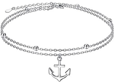 HOOHWE Anklets for Women Anchor Bracelet 925 Sterling Silver Ankle bracelet with Double Layered with Beads Adjustable