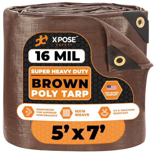 Xpose Safety Abdeckplane, sehr strapazierfähig, 16 mm, braun, Poly-Plane – dick, wasserdicht, UV-beständig, reißfeste Plane mit Ösen und verstärkten Kanten – von Xpose Safety (1,5 x 2,1 m)