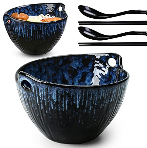 JH JIEMEI HOME Ramen Bowl with Chopsticks and Spoons Set, 7 Inch Ceramic Noodle Bowl Set of 2, Dishwasher Safe for Pho Udon Soba Noodle Salad Pasta, Special Reactive Glazed Navy Bowls Set