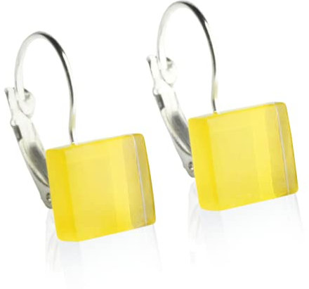 ALEXASCHA® Edelstahlohrringe hängend mit quadratischen Glassteinen • Kurze Ohrhänger mit Klappverschluss • 2cm lang • Steingröße 10 mm x 10 mm x 3 mm (Zitronengelb)