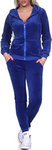Jela London Damen Nicki Hausanzug Jogginganzug Velour Samt Jogging Freizeit Hose Kapuzen Jacke, Blau, 36-38 (M)
