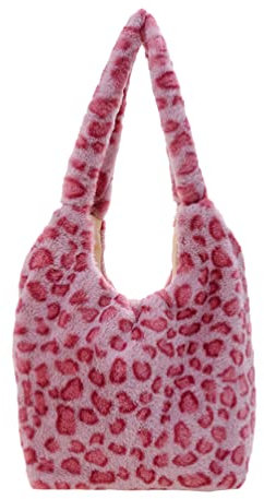 VALICLUD Tragetasche Ästhetische Nette Tragetaschen Rosa Leoparden Fuzzy Geldbeutel Plüsch- Umhängetasche Fuzzy- Einkaufstasche Große Handtasche für Frauen Mädchen