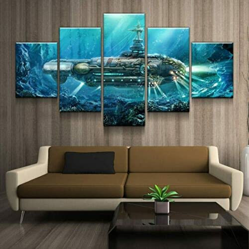 GIRDSSC Rahmenlos XXL Bilder 200X100 Sci Fi Steampunk U-Boot 5 Teilig Leinwandbilder Bild Auf Leinwand Wandbild Kunstdruck Wanddeko Wand Wohnzimmer Wanddekoration Deko Kunstdrucke
