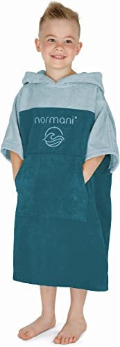 normani Kinder Badeponcho - Badehandtuch aus 100% Bio-Baumwolle - Surfer Poncho mit Kapuze für Jungen und Mädchen 0-13 Jahren Farbe Dunkelblau Größe 6-9 Jahre