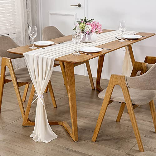Swsen Chiffon Tischläufer Milchweiß 300 x 30 cm, Hochzeit Tischläufer Waschbar - Romantischer Hochzeitsläufer für Hochzeit, Geburtstag, Brautdusche, Babyparty, Tischdekoration