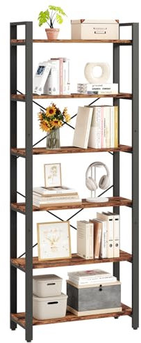 IRONCK 2M Bücherregal, Standregal mit 6 Ebenen, Regal Holz mit Metallrahmen, Büroregal Industriel, offene Ablagen, Bookshelf für Büro, Wohnzimmer, Schlafzimmer, Küche (Vintagebraun Schwarz)