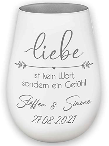 Hochzeitsgeschenk - Windlicht - Liebe ist kein Wort sondern EIN Gefühl - Weiß/Silber - personalisierbar - Gravur Namen und Datum - Liebe - Valentinstag - Jahrestag