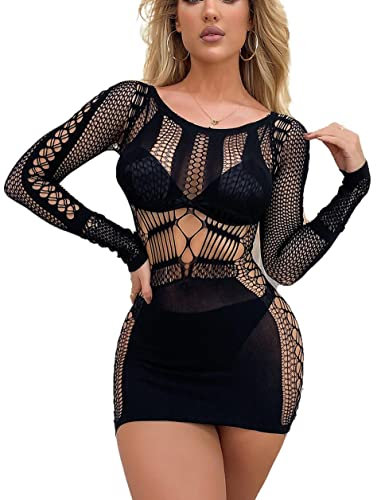 Bommi Fairy Women's Rave Outfits Sexy Fishnet Chemise Dress Stockings Nightwear Longsleeve Bodysuit Mini Dress One Size (Black)