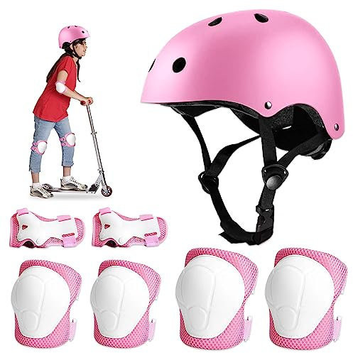 Udbrud Schonerset Kinder Protektoren Gear Set Helm kit, Knieschoner Kinder 7 in 1 Set stoß- und schlagfester Fahrradhelm für Skateboard, Longboard, Stunt Scooter, Fahrrad, Rollschuhe,Rosa