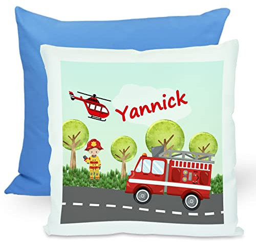 CreaDesign, Kinder Kissen 40x40 cm personalisiert mit Namen, Kinderzimmer Deko Kissen Kinder mit Füllung Federn, Motiv Feuerwehr, Rückenfarbe Blau