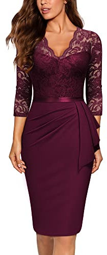 MIUSOL Women's Vintage Lace V-Neck 3/4 Sleeves Cocktail Party Formal Wedding Guest Work Bodycon Dress (X-Large, Wine)