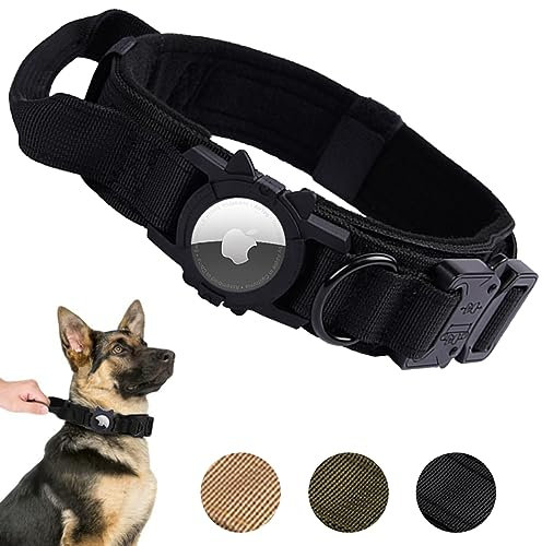 Obyllato Tactical AirTag Hundehalsband, Militärisches Hundehalsband mit Apple Air Tag Halterung und Griff, Verstellbares GPS-Hundehalsband für mittelgroße Hunde, Schwarz, M