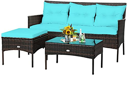 ZYMEN 3-teiliges Terrassen-Rattan-Möbelset, 3-Sitzer-Sofa, gepolsterter Tisch, Türkis, geeignet für Pool, Hinterhof und Garten usw Commemoration Day