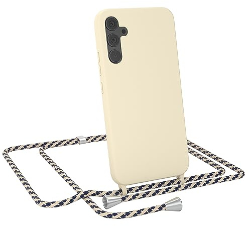 EAZY CASE - Handykette austauschbares Band - kompatibel mit Samsung Galaxy A34 Silikon Necklace(abnehmbar),Stoßdämpfung bei Sturz, Taupe mit Taupe/Blau Camouflage Clip Silber