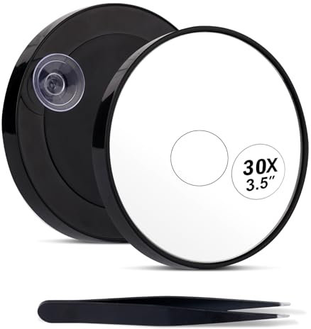 NQEUEPN Miroir Grossissant 30X, Miroir de Maquillage 8,8cm avec Ventouse et Pincettes Pointues Petit Miroir pour Le Maquillage de Voyage