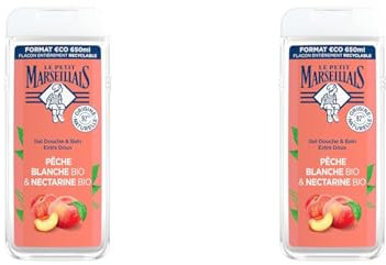 Le Petit Marseillais | Gel Douche Extra Doux Pêche Blanche Bio & Nectarine Bio (lot de 2 flacons de 650 ml) – 92% d'ingrédients d'origine naturelle – pH neutre pour la peau et sans colorant