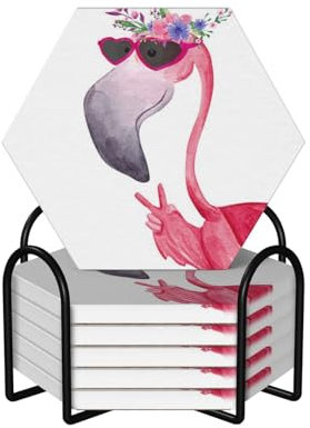 Keramik-Untersetzer-Set mit Flamingo-Druck, sechseckig, rutschfest, mit saugfähigem Korkboden und Metallhalter, 6 Stück