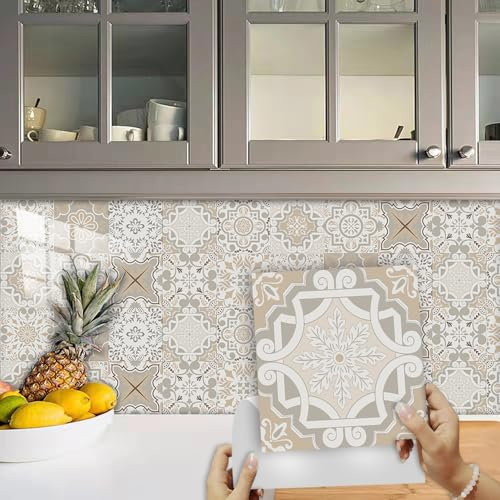 Piastrelle Adesive Cucina Marrone Beige Marocco Pavimento pvc Adesivo Piastrelle Adesive Bagno Paraschizzi Cucina Adesivo Impermeabile Piastrelle Adesive Mattonelle Adesive 10 Pezzi/10x10cm