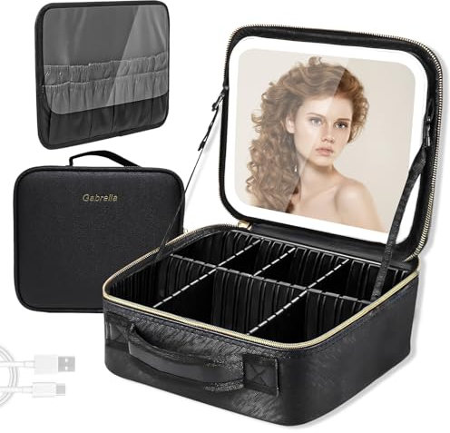 Gabrella Travel Makeup Bag with LED Mirror, Cosmetic Bag Make up Organizer Bag Portable Makeup Case, Adjustable Brightness in 3 Color Modes, Waterproof Makeup Vanity Case Makeup Storage for Women