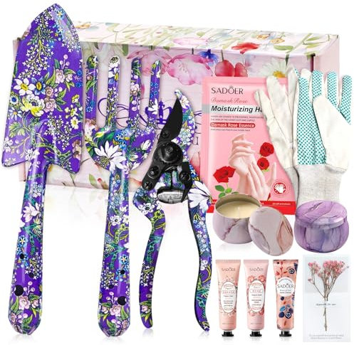 Garden Gifts For Women,10 Pcs Garden Tools Set Floral Print and Beautiful Gift Box,Candles Gloves,3Hand Cream, Birthday Mum Gifts for 50Th 60Th 70Th, Retirement, Christmas, Mothers Day