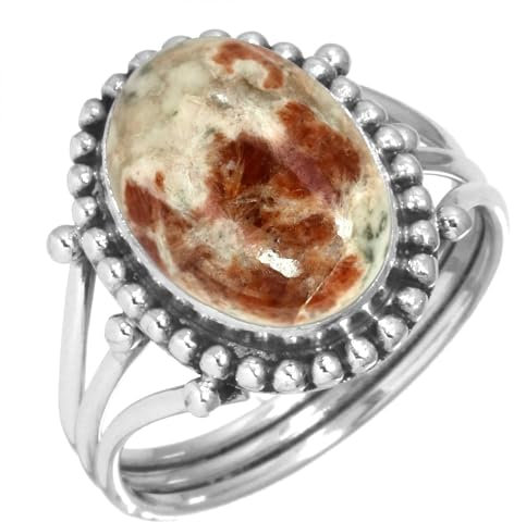 Jeweloporium Brauner Granat in Kalkstein Silberring Größe 67 (21,3), 925 Sterling Silber Ring für Frauen, Echter ovaler Edelstein Boho Schmuck