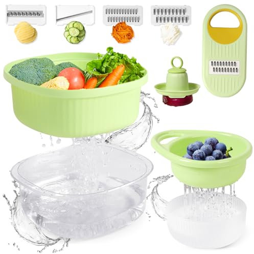 Set di 7 Colino da Cucina Multifunzionale, Cestello Filtro Doppio in Plastica con 3 Grattugie Julienne, 1 Affettaverdure e 1 Protezione per le Mani, Colino per Lavare e Conservare Frutta e Verdura