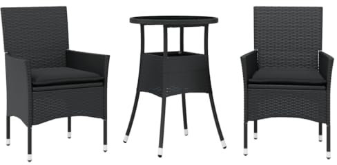 Gecheer 3-tlg. Polyrattan Sitzgruppe 2 Personen, Gartenmöbel Set 2 Stühle mit Tisch, Balkonmöbel Set, Gartengarnitur Möbelsets, Garten Essgruppe mit Auflagen,Garten Sitzgarnitur Terrassenmöbel,Schwarz