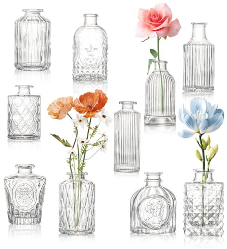 Kleine Vasen Set, 10St Vintage Blumenvase Klein Glasvase für Tischdeko, Vasen Deko Verschiedene Groessen Glasflaschen für Tischdeko Mittelstücke, Hochzeitsdekorationen, Transparent