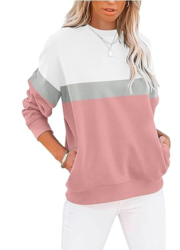Cuptacc Sweat Femme sans Capuche Farbblock T-Shirts à Manches Longues Femme Col Rond Automne Poches Top Femme