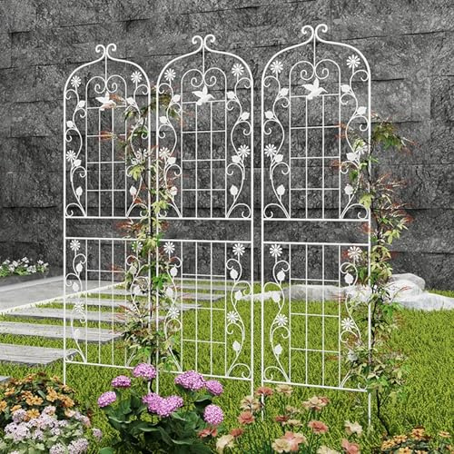 Traliccio Da Giardino In Ferro Battuto Per Piante Rampicanti, Confezione Da 3 - 185/210 Cm X 50 Cm, Supporto Per Piante In Vaso Antiruggine, Recinzione Da Giardino Resistente Alle Intemperie(White,210