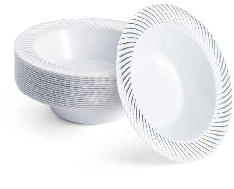 MATANA - 20 Ciotole in Plastica Bianca Premium con Bordo Argento, 360ml - Piatti Fondi per Matrimoni, Compleanni, Battesimi, Natale, Barbecue, Feste - Resistenti e Riutilizzabili