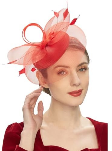 HIQIU Fascinators Hut für Damen Blume Mesh Federn Tüll Bräute Kopfschmuck Haarschmuck mit Stirnband und Clip für Cocktail Tea Party Hochzeit Kirche (DE/NL/SE/PL, Alphanumerisch, Einheitsgröße, Rot)