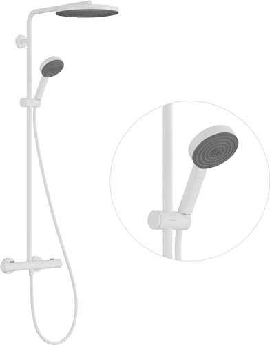 hansgrohe Pulsify S Puro - Duschsystem mit Thermostat, Regendusche (260 mm) mit Armatur, Handbrause (3 Strahlarten inkl. PowderRain), Schlauch, Brausestange und runder Kopfbrause, Mattweiß, 24236700