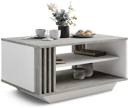 Viosimc Couchtisch, Wohnzimmertisch mit modernen Lamellen, moderner und stilvoller rechteckiger Kaffeetisch mit Ablage, stilvolle Ergänzung für jedes Wohnzimmer – Beton & Weiß