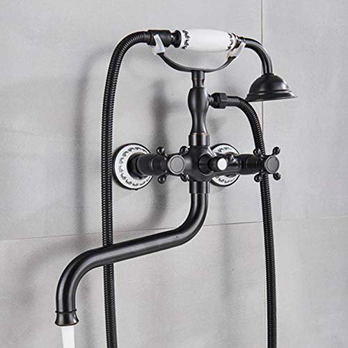 DRFGNF Robinet de Baignoire en Laiton Antique dans Le Mur, mitigeur de Baignoire à Bec Long de 30 cm, Ensemble de Douche de Bain à Long Nez Rotatif en Laiton, douchette en céramique, Bronze Noir B