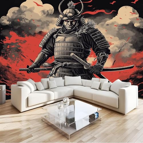 Papier Peint Panoramique 3D Style Japonais Armure Samouraï Flamme Murale Chambre à Coucher Maison Décoration Intérieure, Papier Peint intissé fond pour Chambre D'Enfant Salon Murale 250 x 175 cm