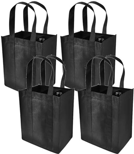 LilaLemon 4Pcs Bottle Carrier for 6 Bottles, Bottle Bags for Wine, Non-Woven Wine Carrier for Travel Camping Picnic, Reusable Compartment Black Carrier Bags Holder with Handle for Beer Drinks Party