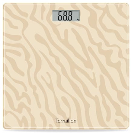 TERRAILLON - ONE GOLDEN SAND- Balance pèse personne électronique, Compact et ultra plat, Plateau en verre 27cm x 27 cm, Ecran LCD, Capacité 160Kg, Graduation 100g, Sérigraphie Sable Or