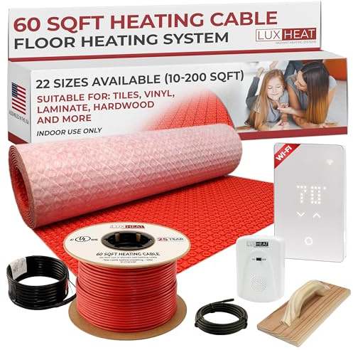 LuxHeat 60sqft Electric Radiant Floor Heating System - 120v Underfloor Heating System - Includes UWG5 WiFi Programmable Thermostat w/GFCI, Tile Uncoupling Membrane, Heater Cable, Sensor & Alarm