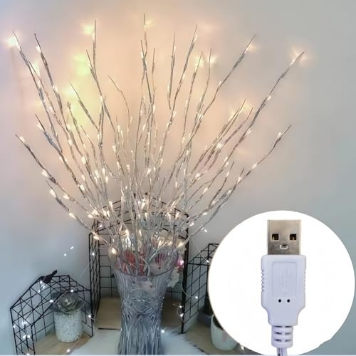 LED-beleuchtete Zweige, 120 LED-Perlen, warmweiß, USB-betrieben, dekorative Zweiglichter für Vase, Schlafzimmer, Restaurant, Café, Bar, Bibliothek, Party, Fotohintergrund, 70 cm, 6 Stück