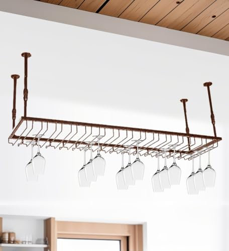 Dernoing Mensole Sospese Soffitto Regolabile, Portabicchieri Sospeso Metallo, Porta Calici Sospesi Salvaspazio per Sala da Pranzo Home Bar/Cucina/Caffetteria (bn, 120x40x(30-60) cm)