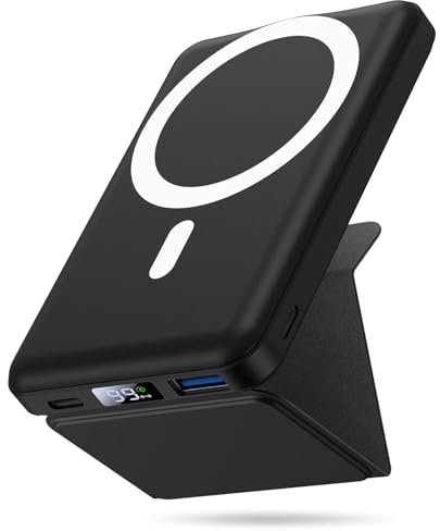 Yiisonger Magsafe Powerbank 10000mAh, Caricatore Portatile Magnetico Wireless con Bracket, 22.5W Ricarica Rapida con Display LED per iPhone 16/15/14/13/12 Pro/Pro Max/Mini/Plus(Nero)