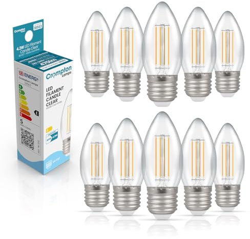 Crompton Lamps Filament Candle LED Light Bulb ES-E27 | 4.2W = 40W Equivalent | Cool White 4000K | Energy Efficient | Edison Screw Lightbulb | Long Life 15,000-Hrs | Clear Glass | 10-Pack