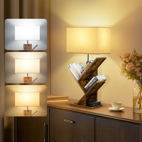 GOOGO Libreria ad Albero con Luce e Stazione di Ricarica, Librerie da Tavolo a 4 Ripiani per Libri, CD, 3 Colori di Temperatura, Libreria Verticale per Soggiorno, Camera da Letto (Marrone)