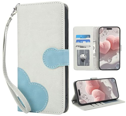 LEINOTWANCH Phone Case for iPhone 17 (6.3 inch) PU Leather Folio Flip Wallet Book Case with Card Holder Magnetic Clip Kickstand Shockproof TPU Protective Cover Love Heart-Blue