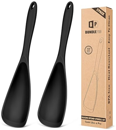Pack of 2 Cooking Spoons for Non Stick Cookware, Multifunction Spatula Spoon BPA-Free, One-Piece Design, Suitable for Scooping, Scraping, Serving and Mixing (Black-Black)