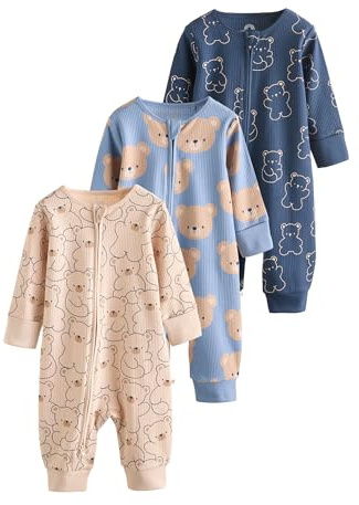 NEXT Baby Jungen Fußlose Baby-Schlafanzüge mit Zweiwege-Reißverschluss, 3er-Pack Brown/Navy 92-98