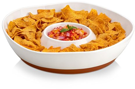 MALACASA Ceramic Chips and Dip Serving Tray, 12 Inch Large Divided Bowls Set for Salsa, Veggies & Dip, Appetizers, Snacks, Free-Form Serving Dish Platter for Parties Hosting & Entertaining, White