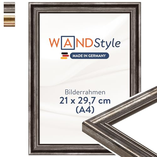 WANDStyle Bilderrahmen A4 Holz, DIN A4 Bilderrahmen Silber Vintage 30x21 cm | Hochwertiger Holzbilderrahmen Antik, Posterrahmen zum Aufhängen, Rahmen 21x30 cm, Fotorahmen H400 Made in Germany