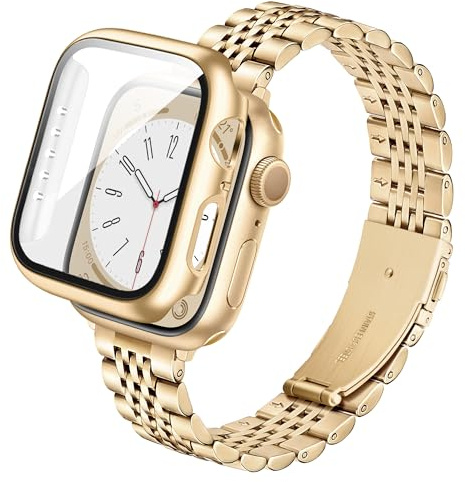 Vamyzji Slim Stainless Steel Strap with Case for Apple Watch Straps Women Ladies 40mm 44mm, Metal Gold iWatch Strap and Cover with Screen Protector for iWatch SE3 SE2 SE Series 6 5 4 40mm 44mm